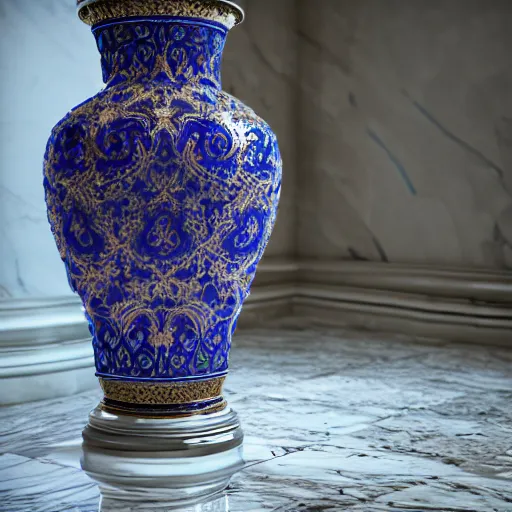 Prompt: An ornate baroque vase breaking on the marble tile floor, exploding into dust, dark-blue light-blue gold silver white black beige, volumetric dust rays, intricate detail, ultra realistic, cinematic lighting, moody, wet, shiny