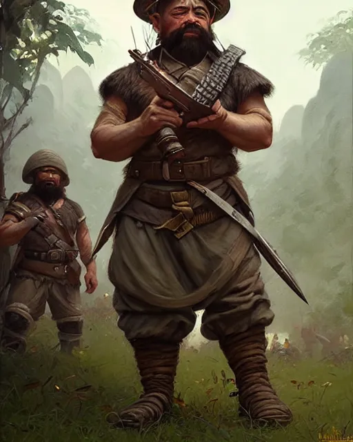 Image similar to dwarf soldiers in vietnam | | realistic shaded, fine details, realistic shaded lighting painting by greg rutkowski, diego gisbert llorens, magali villeneuve, artgerm, jeremy lipkin, michael garmash, rob rey