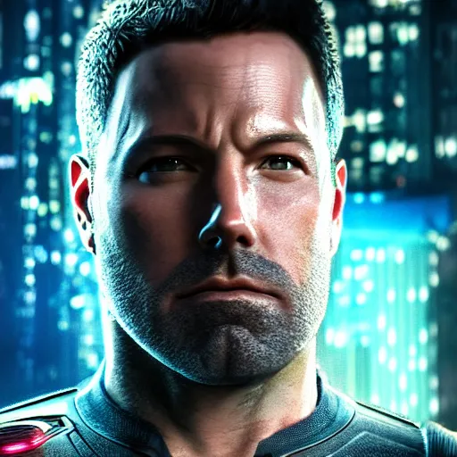 Image similar to ben affleck portrait, cyberpunk 2 0 7 7, cyberpunk, photorealistic, ultra detailed, neon, octane, bokeh, cinematic lighting, cyber, cyberpunk city, studio quality, feature, scars, cyberface, 8 k