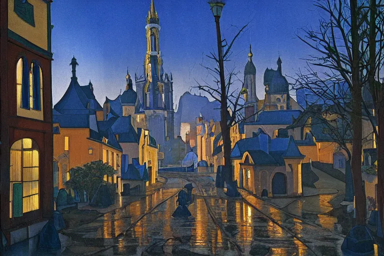 Prompt: view of the old city and its tree-lined winding streets still wet after a storm, tall windows lit up, beautiful ornamental architecture, dramatic cinematic lighting, rich colors, by Nicholas Roerich and and William Dyce and ford madox brown and April Gornik and Ludwig Deutsch and Sylvain Sarrailh , featured on artstation