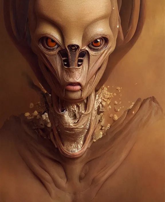 Image similar to intricate earth - toned portrait of a disturbing terrifying alien insect creature, mottling coloring, adorable, childlike, medical environment, ultra realistic, concept art, art nouveau, photorealistic, octane render, 8 k, unreal engine. art by christopher marley and artgerm and greg rutkowski and alphonse mucha