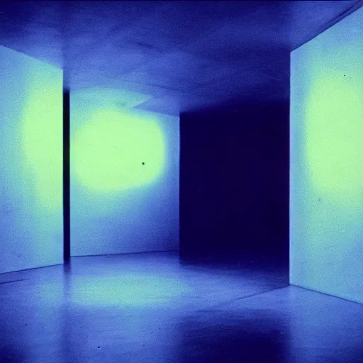 Prompt: noisy color photograph of a retrofuturist liminal space, dark pit, deformations, minimalist, cinematic, soft vintage glow