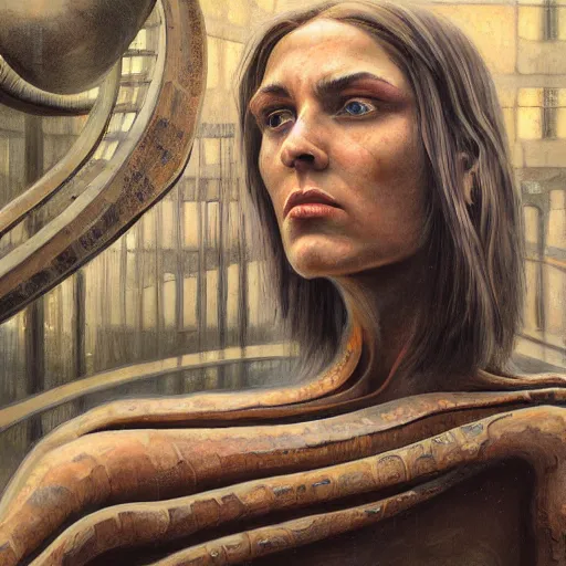 Image similar to detailed face of a woman with opalescent eyes in a biomorphic courtyard with dna sculptures at a science expo, atmospheric, ambient, pj crook, syd mead, livia prima, artgerm, greg rutkowski, nick alm, casey baugh