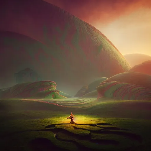 Prompt: infinite final fantasy candyland landscape, moody, warm tones : : roger dean, michal karcz, sophie anderson, esao andrews : : ornate, dynamic, particulate, intricate, elegant, highly detailed, centered, artstation, smooth, sharp focus, octane render, 3 d