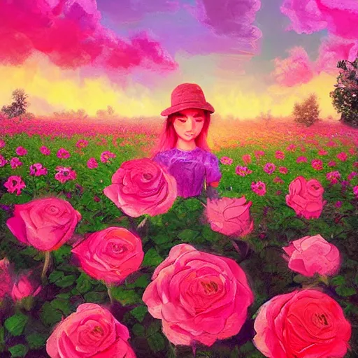 Image similar to large rose as a face, girl frontal in a flower field, surreal photography, sunrise dramatic light, impressionist painting, colorful clouds, digital painting, artstation, simon stalenhag