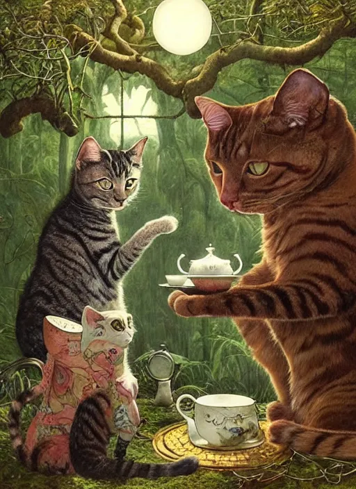 Image similar to cat having tea at a shrine in the woods gorgeous lighting, lush forest foliage a hyper realistic painting by chiara bautista and beksinski and norman rockwell and greg rutkowski weta studio, and lucasfilm