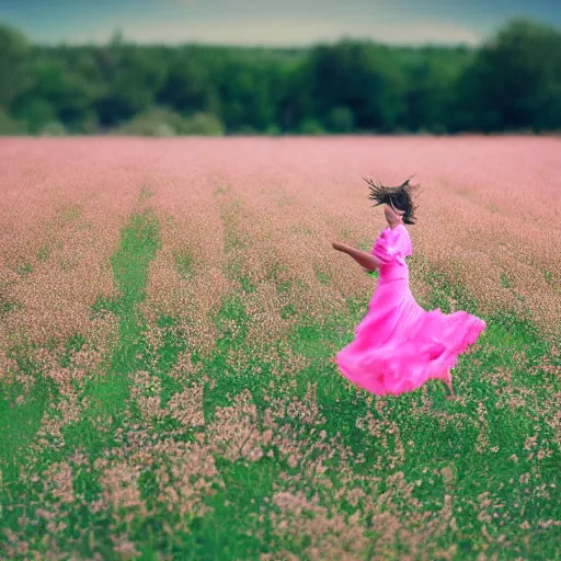 Image similar to a woman in pink frills running around in a field, photograph, photorealistic, award winning photo