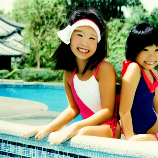 Prompt: 80's Japanese photo, two preteen girls in swimsuits smile for cam on the poolside, Professional Photography