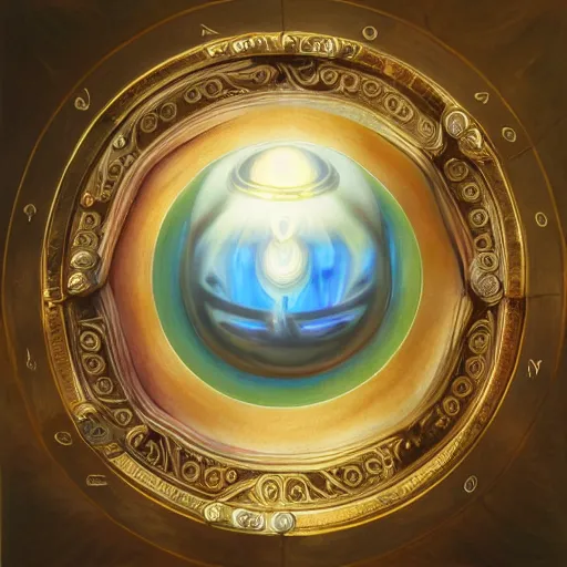 Image similar to in the center lays an ancient holy artifact, shaped like torus ring, chromed and ornate with gentle iridescent shine from within. the ring lays on top of a pedestal. the pedestal is in front of a dark misty balcony at night. perspective from the side. realistic light and shadows. moody fantasy art, table still life renaissance pastel painting.