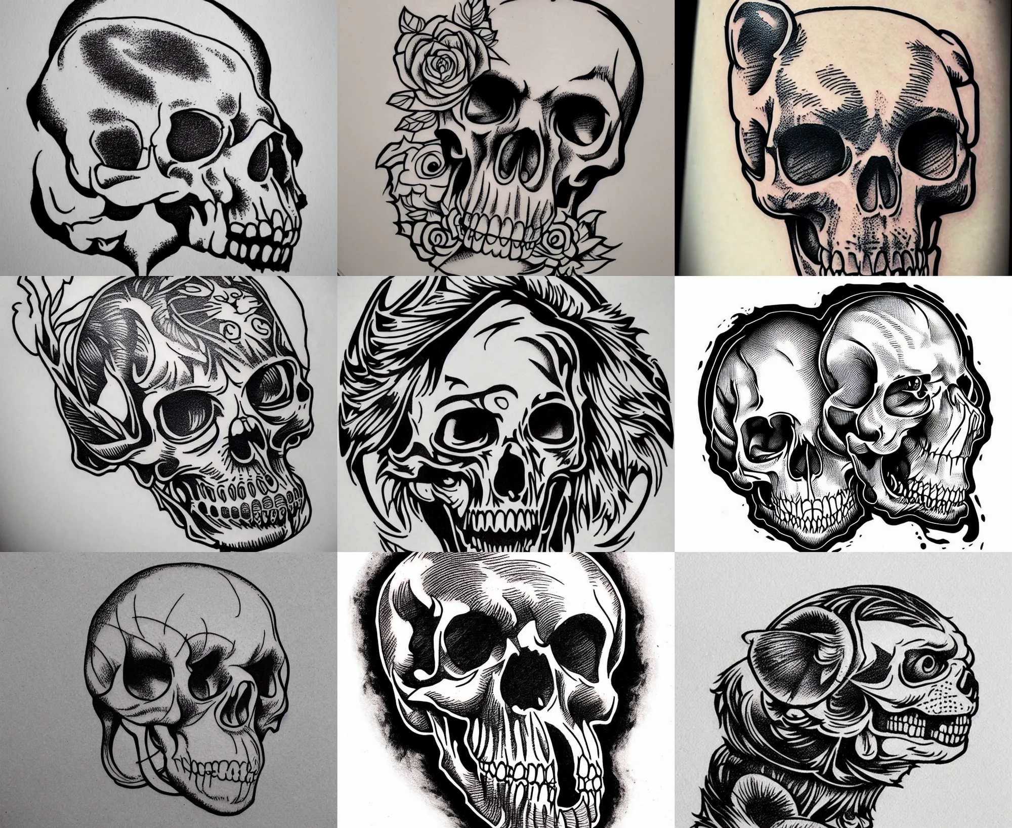 Prompt: detailed tattoo stencil bold lines, ferret in a human skull