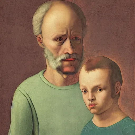 Prompt: hyperdetailed maximalist half-lenght portrait of a father with son. childrenbook illustration in the style of Caravaggio and Raffaello and Paul Klee. pastel tones. matte background.
