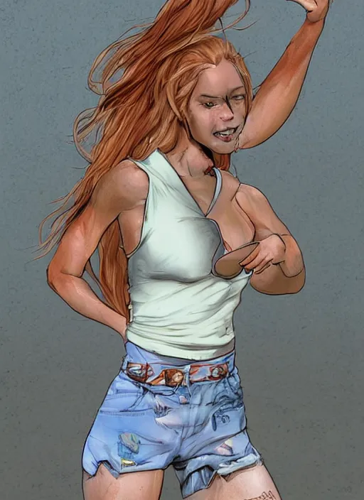 Image similar to , a gorgeous hulking woman with very long hip-length blonde hair, happy sunny day, wearing a cut-off white top and red dirt cut-off shorts standing by the water, beach tennis, modern architecture, in the style of artgerm and moebius and annie liebovitz, marvel comics, photorealistic, highly detailed, trending on artstation, Gediminas Pranckevicius