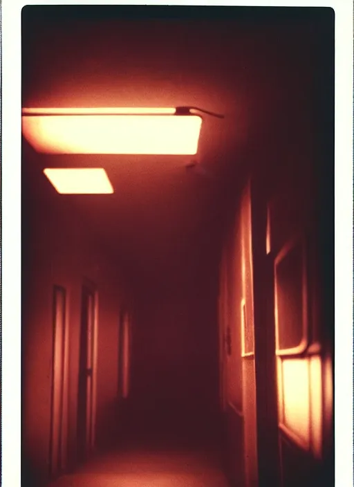 Image similar to a creepy neon silhouette hovers inside of a hall. liminal, cozy, dramatic soft color lighting ( 1 9 8 4 ). featured polaroid