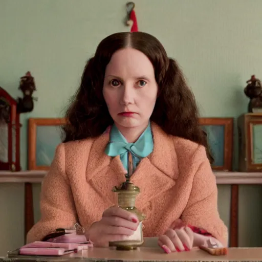 Prompt: an image of a women from a wes anderson film looking at the camera mark ryden, 8 k ultra detailed