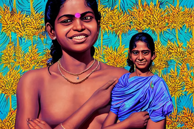 Image similar to a happy sri lankan girl at the beach with iridescent skin by kehinde wiley