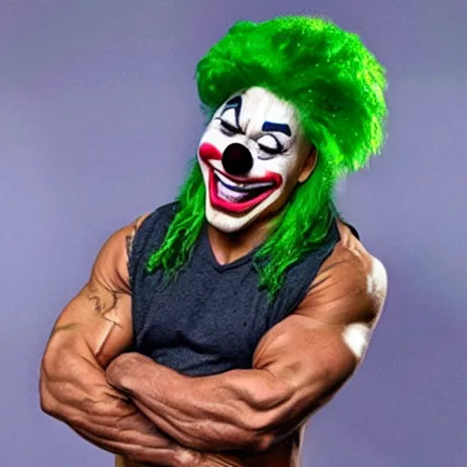 Prompt: dwayne johnson in a funny clown suit with a ridiculous green wig