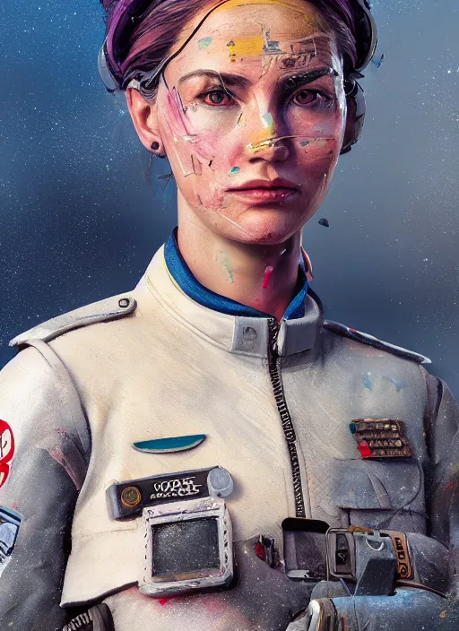Image similar to detailed full body concept art illustration colorful oil painting of a female pilot in full intricate clothing, ultra detailed, digital art, octane render, 4K, dystopian, micro details, hyperrealistic