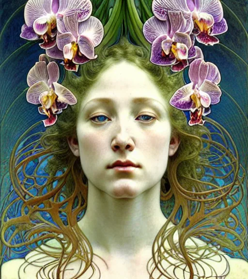 Image similar to beautiful orchid fairy detailed realistic porcelain face portrait by jean delville, alphonse mucha, iris van herpen and marco mazzoni, art forms of nature by ernst haeckel, art nouveau, symbolist, visionary, gothic, neo - gothic, pre - raphaelite, fractal lace, intricate alien botanical biodiversity, surreality, hyperdetailed ultrasharp octane render