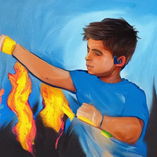 Prompt: a muscular kid wearing a blue shirt with tennis shoes, painting, in a field on fire