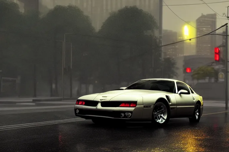 Image similar to hyperdetailed, photorealistic photograph of a 2 0 0 2 pontiac firebird trans - am drifting in the streets, rain, night, dense fog, hd, unreal engine 5 by greg rutowski, by stanley artgerm, by alphonse mucha