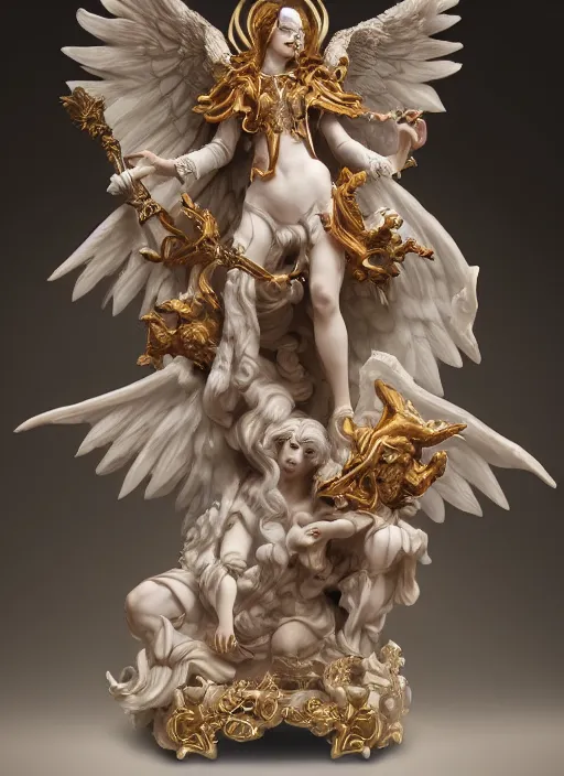 Image similar to high intricate porcelain baroque angelic priest fighting the hell demon, maria panfilova, andrea savchenko, mike kime, ludovic plouffe, qi sheng luo, oliver cook, trending on artstation