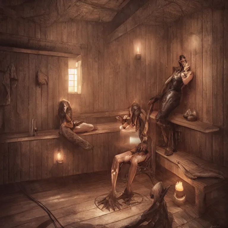 Image similar to muse in sauna, 3 d render, dark art, highly detailed, intricate, artgerm, greg rutkowski