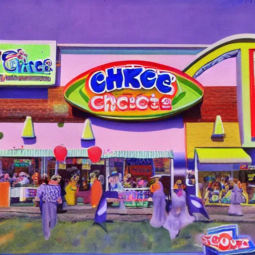 Image similar to painting of chuck e cheese by monet