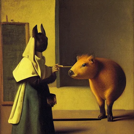 Prompt: capybara riding a horse while smoking a cigar by johannes vermeer