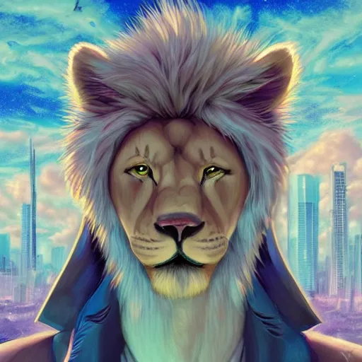 Image similar to aesthetic portrait commission of a albino male furry anthro lion wearing vaporwave chequered clothing at windows xp bliss wallpaper. Character design by charlie bowater, ross tran, artgerm, and makoto shinkai, detailed, inked, western comic book art, 2021 award winning painting