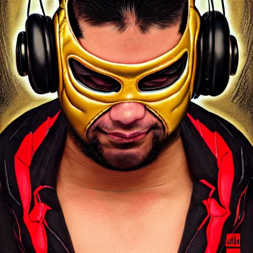 Prompt: portrait of vladimir putid as lucha libre dj, muscular, headphones, thick golden ring around the neck, fantasy, intricate, elegant, highly detailed, digital painting, artstation, concept art, smooth, sharp focus, illustration, art by artgerm and greg rutkowski and alphonse mucha