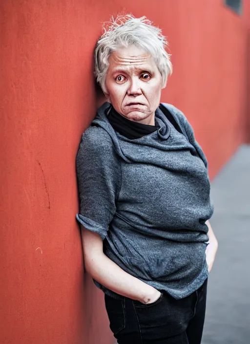 Image similar to Mid-shot portrait of a 50-year-old woman from Norway with short hair, looking tired, candid street portrait in the style of Martin Schoeller award winning, Sony a7R