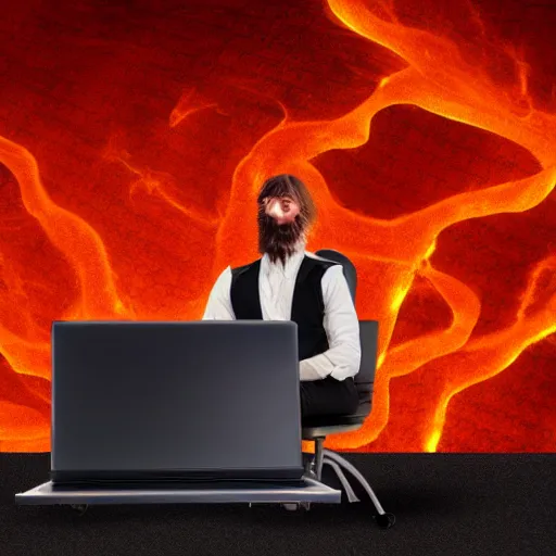 Image similar to a demon programmer gentleman ~ using a laptop ~ lava background ~ sitting on a chair ~, 4 k, ultra hd