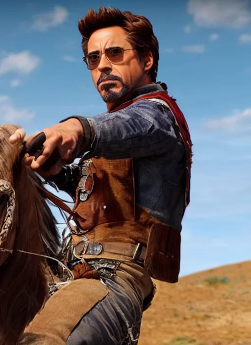 Prompt: an film still of robert downey jr as cowboy with beard, western background, unreal engine. amazing likeness. very detailed.