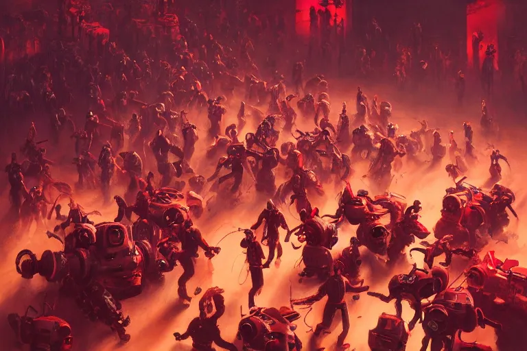 Image similar to a painting of an eager crowd of robots and people running into oblivion by Jasper Ejsing, James Jean, epic scene, dramatic light, red color-scheme, hd, octane8