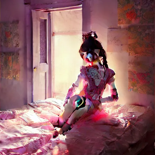 Prompt: beautiful young girl in intricate clothing by ross tran, sleeping in a messy bedroom at night, painted by sana takeda, reflections, very high intricate details, painting by liu xiaodong, digital anime art, medium shot, mid - shot, composition by ilya kuvshinov, backlit, lighting by greg rutkowski