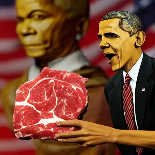Image similar to disgusting terrifying sculpture of obama carved from bloody meat