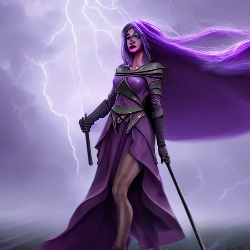 Image similar to a woman in a purple dress holding a staff and dark magic, storm and rain behind her, action scene, magical concept art, artstation contest winner, fantasy art, dark and mysterious, artstation hd, detailed, 8 k, digital art