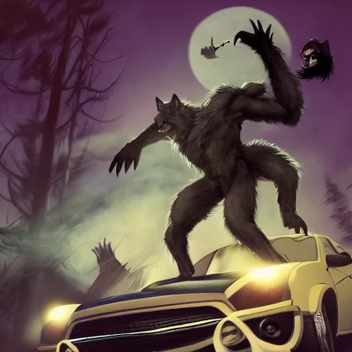 Image similar to werewolf driving a car, crashing it, artstation, Michael Whelan, digital art, felix Kelly, 8k photography