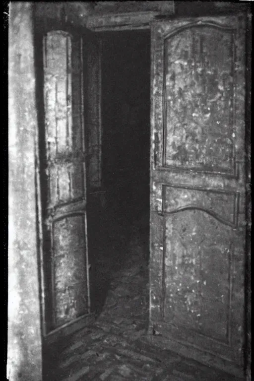 Image similar to Black and white camera obscura image of creepy room, 1910s paris, scary, horror, dark mood