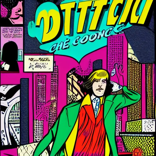 Prompt: psychedelic 7 0 s comic book style, detective in a trenchcoat in densely packed city street