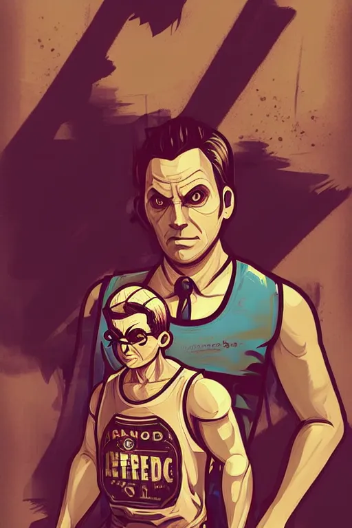 Image similar to boy with singlet tshirt and towel on shoulder. bioshock art style, grand theft auto chinatown art style, pop art, dynamic proportional, digital painting, artstation, concept art, smooth, sharp focus, illustration, intricate, hyperdetails, art by richard hamilton and mimmo rottela, pixels art by paul robertson