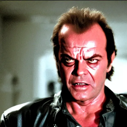 Image similar to VFX movie where Jack Nicholson plays the Terminator with a glowing red eye