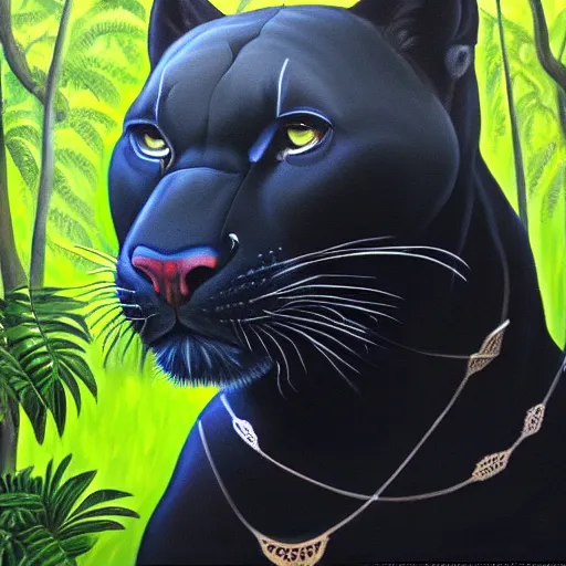 Image similar to oil on canvas of one beautiful majestic black panther. beautiful. mysterious. intricately detailed. meticulously rendered. background is a jungle. hd. trending on art station. h 7 6 8