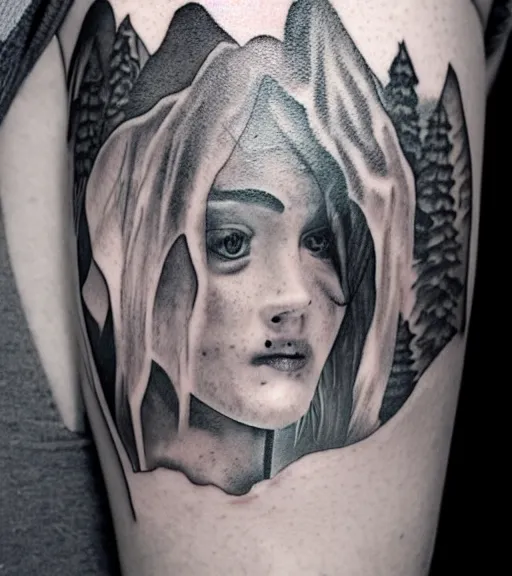 Prompt: a beautiful girl faded in a mountain background, realism tattoo, in the style of den yakovlev, black and white, hyper realistic, highly detailed