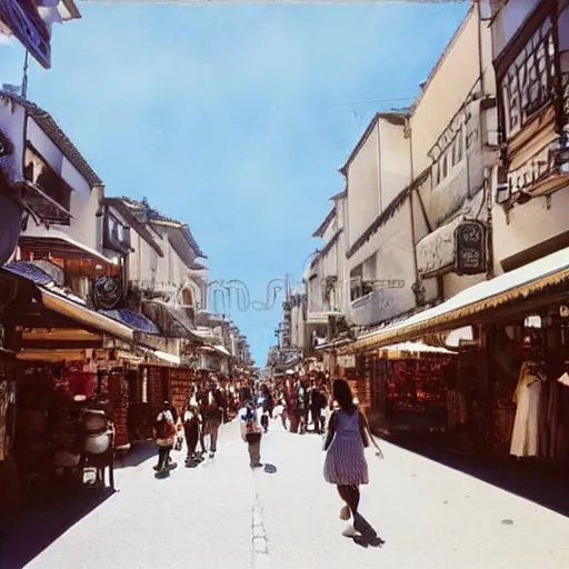 Image similar to photograph of sunny street with people walking, street has many shops and bulls, fantasy, by studio ghibli, dramatic light