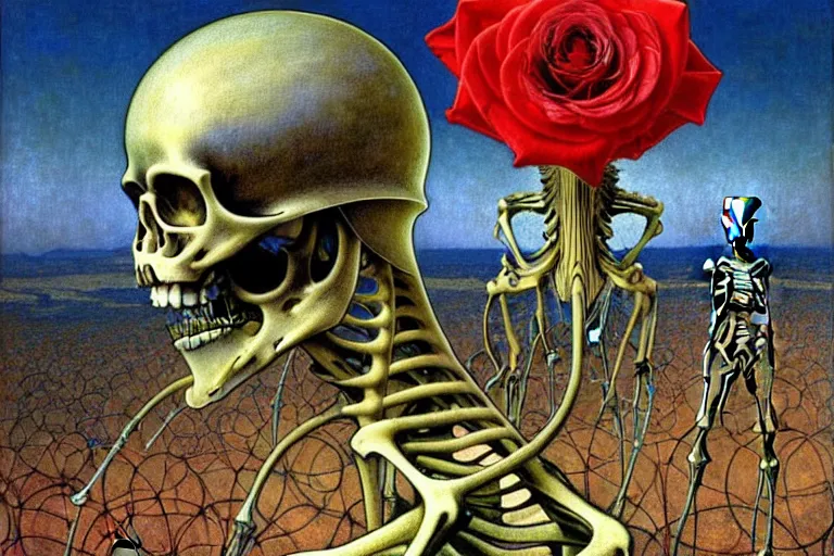 Image similar to realistic detailed portrait painting of a skeleton with a single rose wearing sci-fi helmet in a dystopian landscape by Jean Delville, Amano, Yves Tanguy, Alphonse Mucha, Ernst Haeckel, Edward Robert Hughes, Roger Dean, rich moody colours, blue eyes