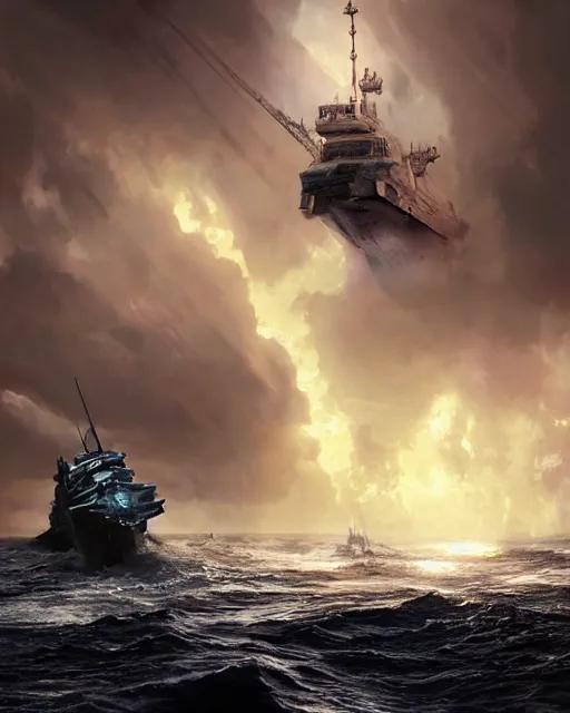 Prompt: scifi action scene of a fishing boat on stormy seas, a terrifying gigantic star destroyer spaceship flying overhead, the gigantic star destroyer spaceship is emerging from storm clouds, sunset lighting, stormy weather, dramatic lighting, unreal engine, hyper realism, realistic shading, cinematic composition, realistic render, octane render, detailed textures, photorealistic, ultrawide shot, 1 6 mm lens