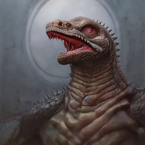 Image similar to vladimir putin, anthropomorphic bald prehistoric reptile, lizard putin, toothless, horror, macabre by donato giancola and greg rutkowski and wayne barlow and zdzisław beksinski, realistic face, digital art