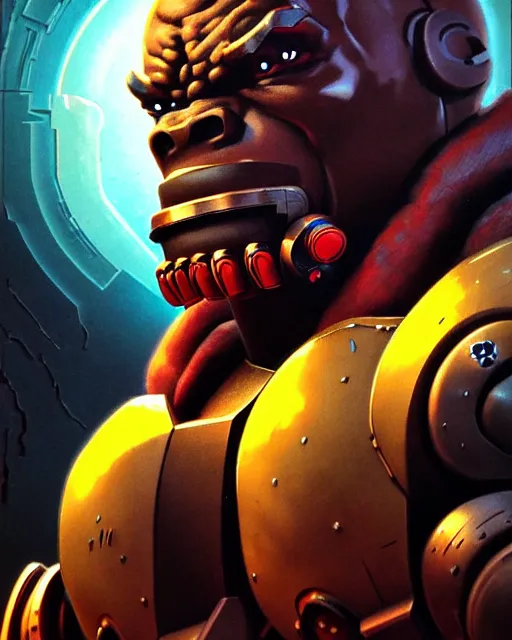 Image similar to doomfist from overwatch, character portrait, portrait, close up, concept art, intricate details, highly detailed, vintage sci - fi poster, retro future, vintage sci - fi art, in the style of chris foss, rodger dean, moebius, michael whelan, and gustave dore