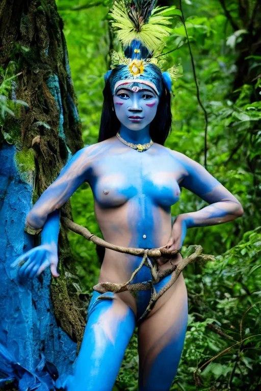 Image similar to a Vietnamese woman dressed as a blue-skinned female navi from avatar standing in a forest, blue body paint, high resolution film still, 8k, HDR colors, cosplay, outdoor lighting, high resolution photograph, photo by bruce weber, beautiful symmetric face